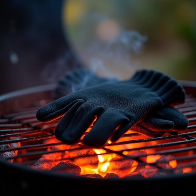 Premium heat-resistant barbeque gloves resting on a hot grill grate.