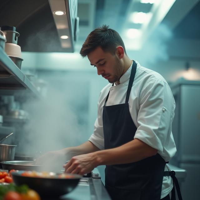 Professional chef wearing a modern, durable apron with heat-resistant panels in a bustling kitchen.