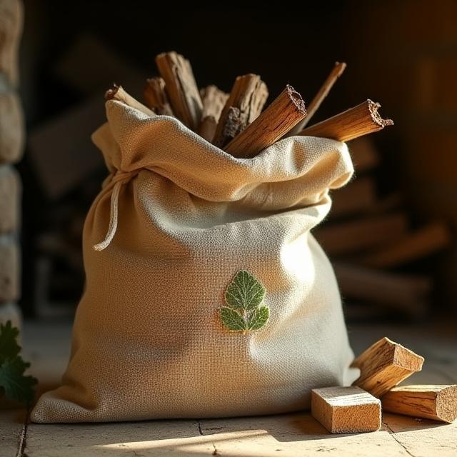 Hand-stitched natural fibre bag filled with kindling, symbolizing sustainable packaging.