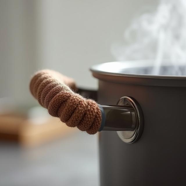 Ergonomically designed pot handle with woven heat-resistant fabric for a comfortable and secure grip.