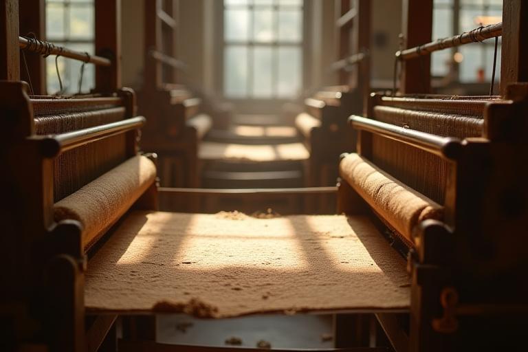 Vintage-style weaving looms in the Flame Spun workshop, representing a blend of tradition and modernity.